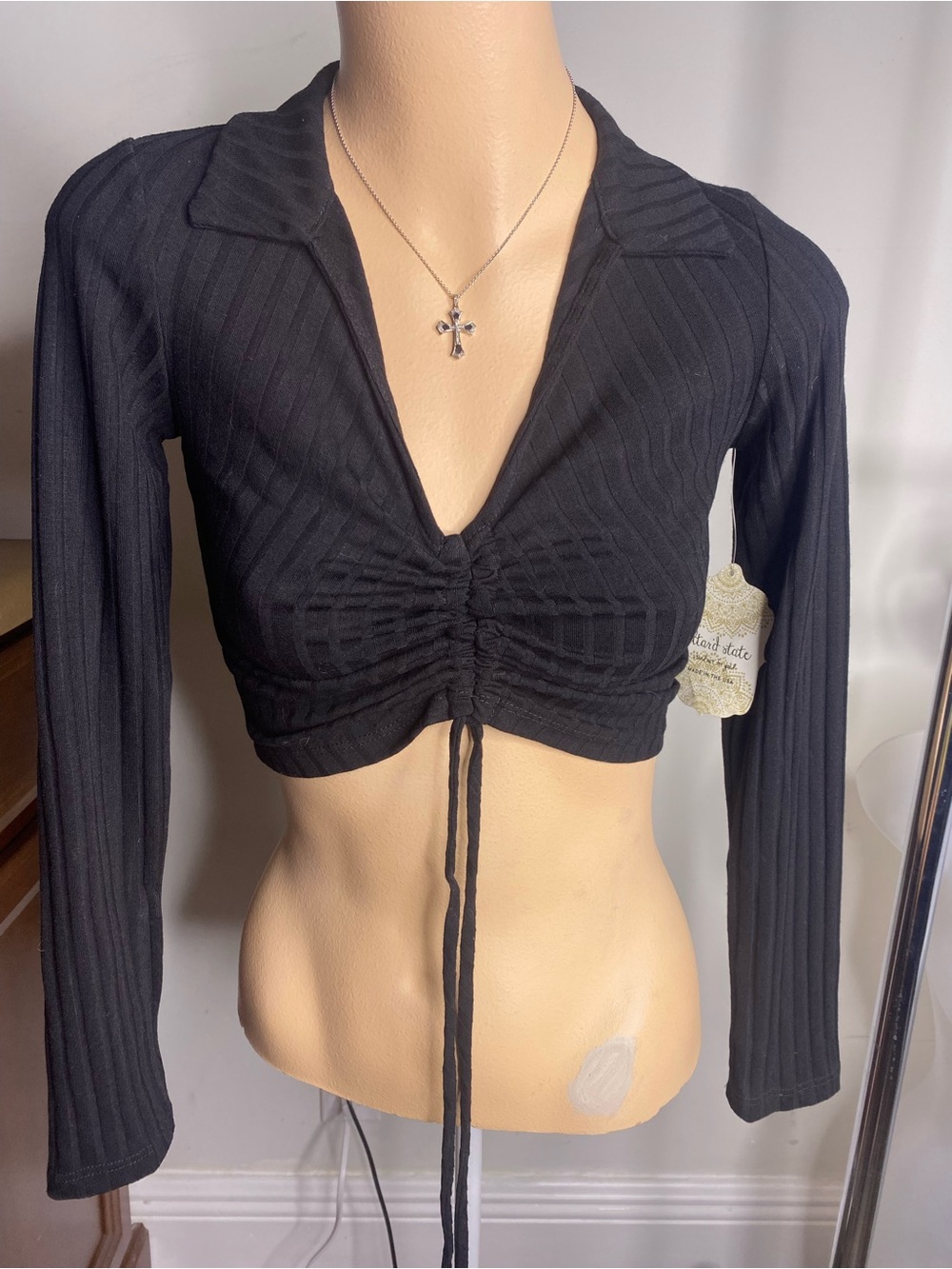 Made in USA Altar'd State Black Ribbed Long-Sleeve Ruched Crop Top